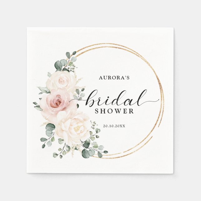 Guardanapo De Papel Champagne Marfim Rosa Flores Rosa Bridal Shower    (Frente)