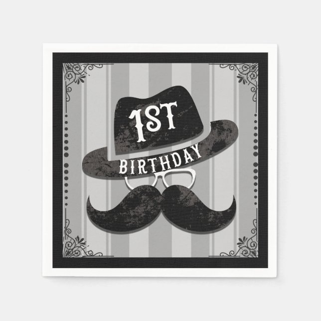 Guardanapo De Papel Chapéu de Óculos Bigode de Hipster 1º Aniversário  (Frente)