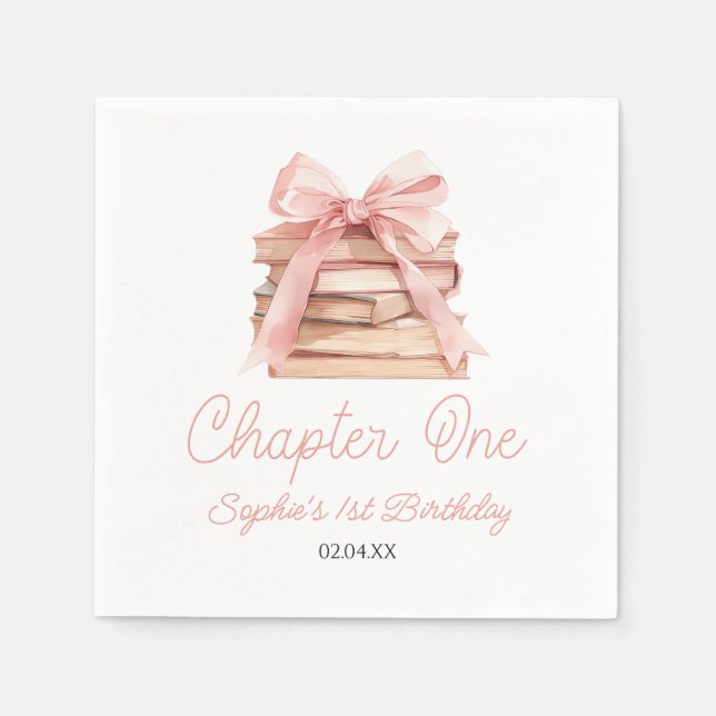 Guardanapo De Papel Chapter One Pink Bow Books 1st Birthday Party (Frente)