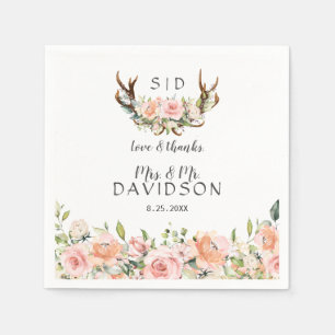 Guardanapo De Papel Charm Pink Blush Flowers Antlers Casamento Monogra