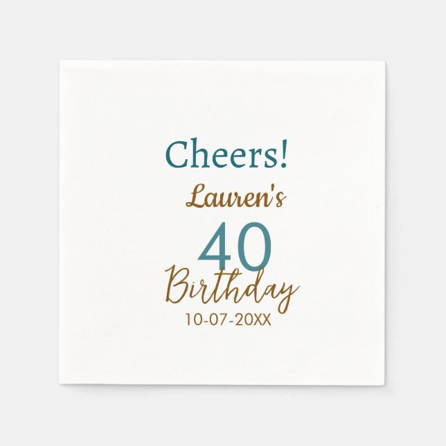Guardanapo De Papel Cheers 40th birthday name date brown turquoise sim (Frente)