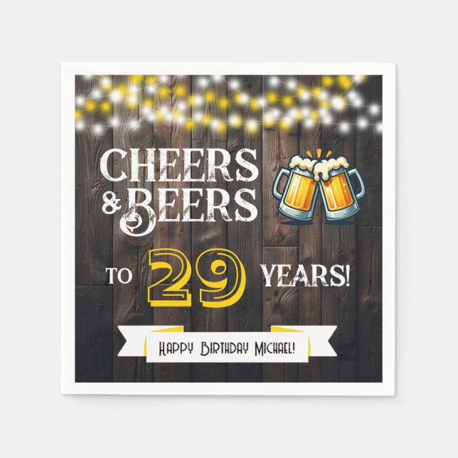 Guardanapo De Papel Cheers and Beers to 29 Years Rustic Birthday Party (Frente)