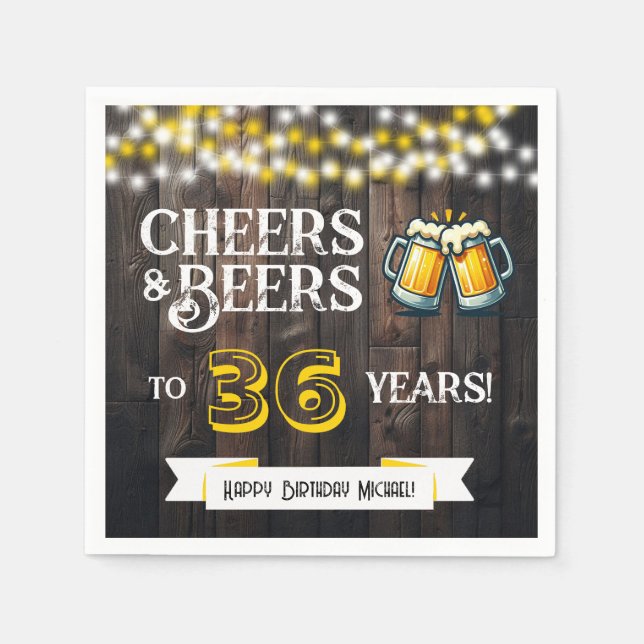 Guardanapo De Papel Cheers and Beers to 36 Years Rustic Birthday Party (Frente)