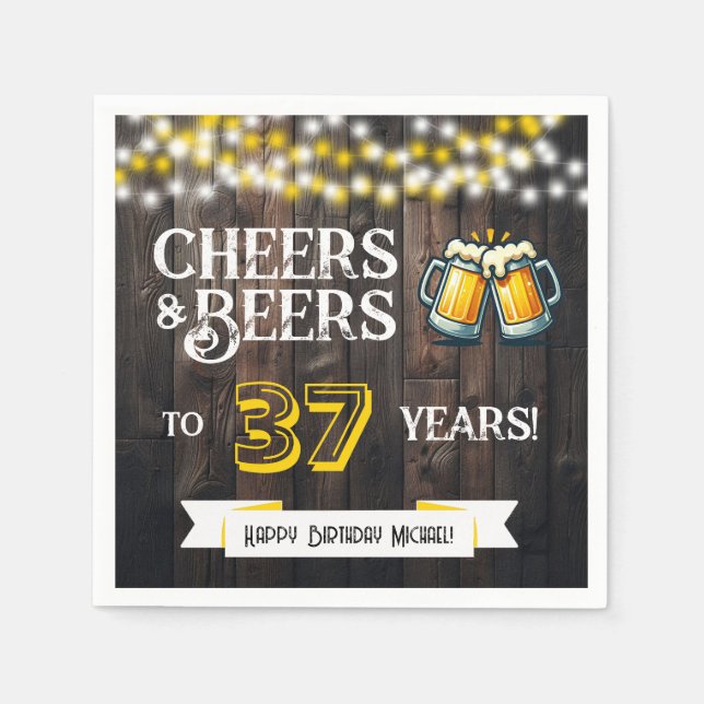 Guardanapo De Papel Cheers and Beers to 37 Years Rustic Birthday Party (Frente)