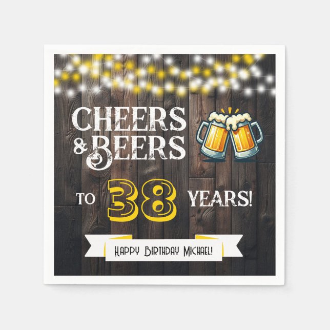 Guardanapo De Papel Cheers and Beers to 38 Years Rustic Birthday Party (Frente)
