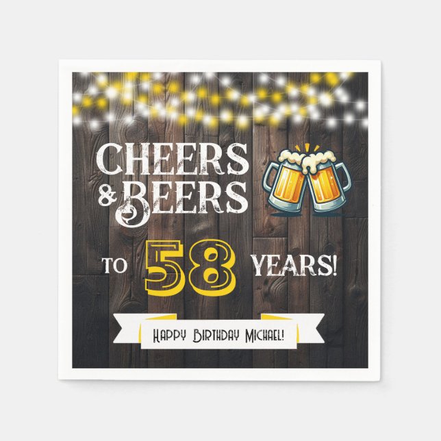Guardanapo De Papel Cheers and Beers to 58 Years Rustic Birthday Party (Frente)