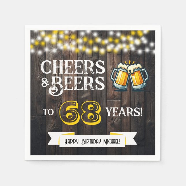 Guardanapo De Papel Cheers and Beers to 68 Years Rustic Birthday Party (Frente)
