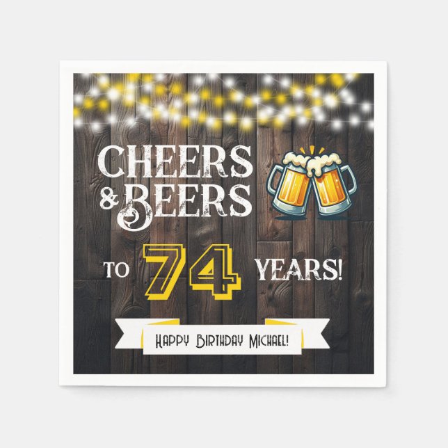 Guardanapo De Papel Cheers and Beers to 74 Years Rustic Birthday Party (Frente)