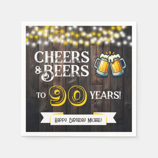 Guardanapo De Papel Cheers and Beers to 90 Years Rustic Birthday Party (Frente)