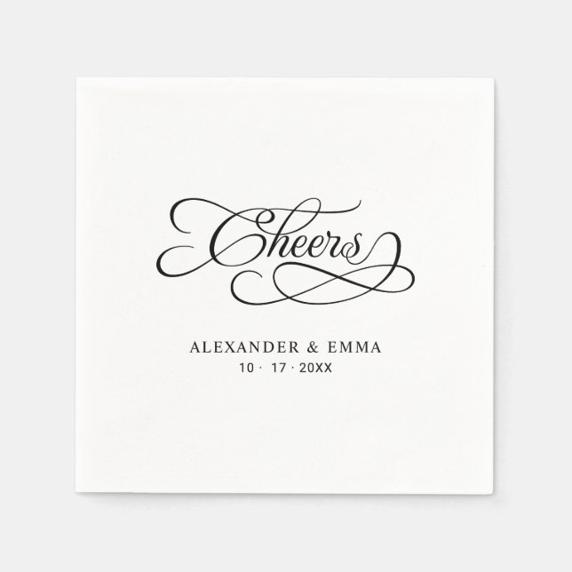 Guardanapo De Papel Cheers Elegant Wedding Black & White Calligraphy (Frente)