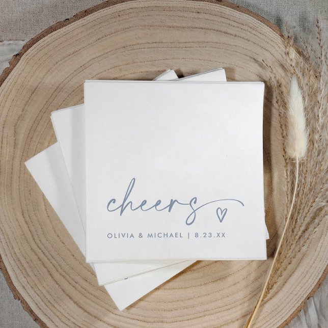 Guardanapo De Papel Cheers Handwriting & Heart Dusty Blue Wedding (Dusty blue “cheers” wedding napkins with handwritten script, heart accent, and simple modern style.)