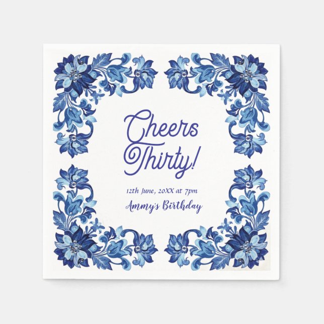 Guardanapo De Papel Cheers thirty birthday royal blue floral border na (Frente)