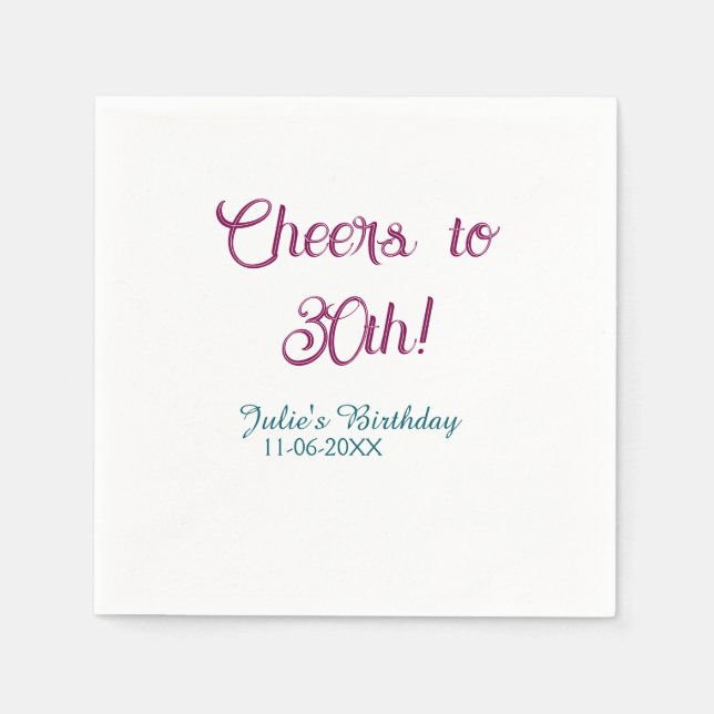 Guardanapo De Papel Cheers to 30th birthday name date mauve blue elega (Frente)