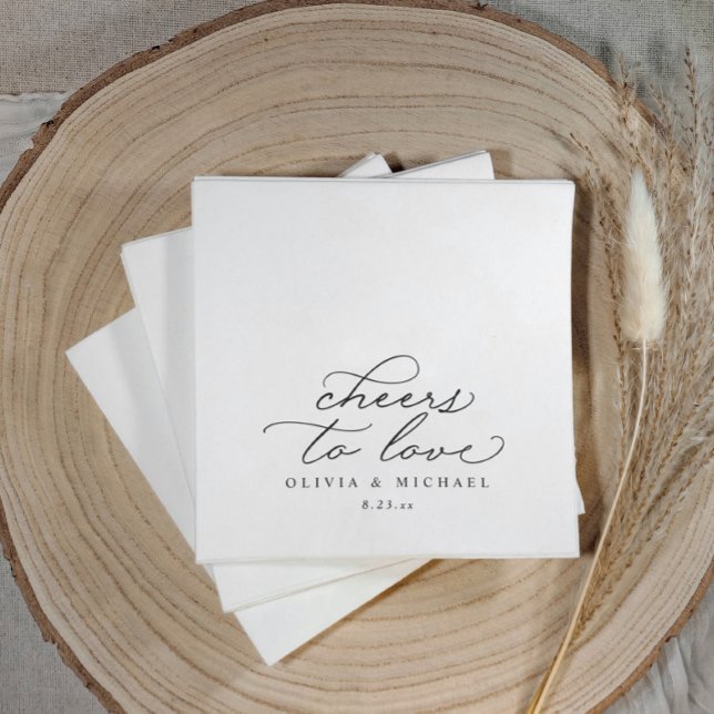 Guardanapo De Papel Cheers Wedding Napkins Elegant Black and White (Elegant black and white wedding napkins with “cheers to love” calligraphy, modern reception décor.)