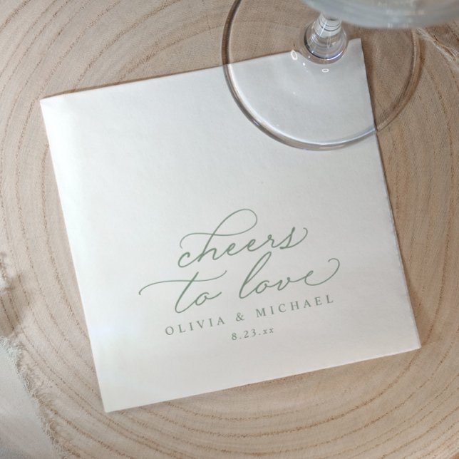 Guardanapo De Papel Cheers Wedding Napkins Elegant Sage Green (Elegant sage green “cheers to love” wedding napkins with calligraphy script, modern reception décor.)