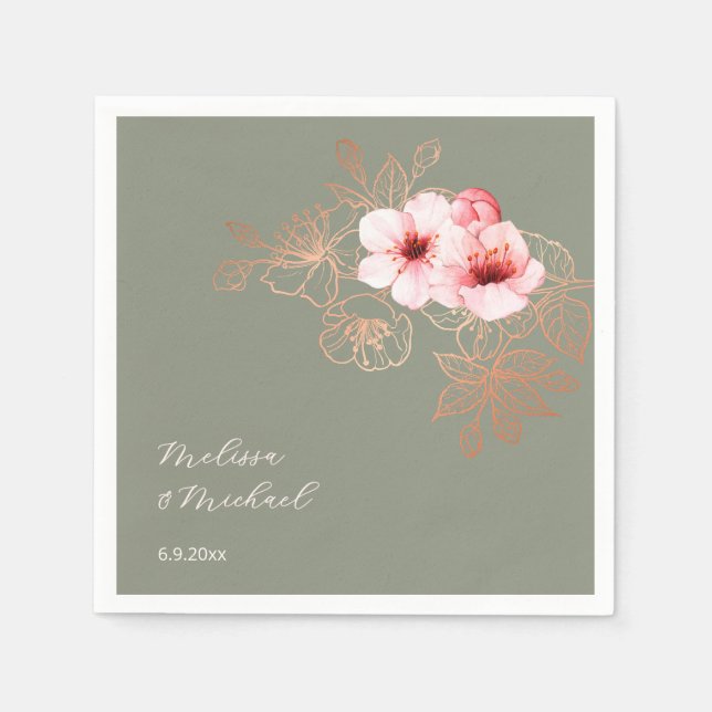 Guardanapo De Papel Cherry Blossom Pink Sage Green Wedding (Frente)