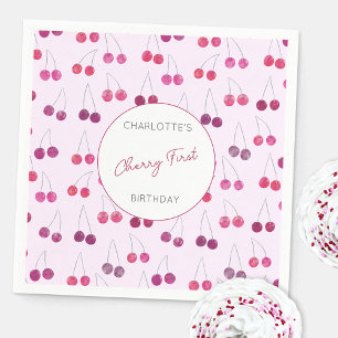 Guardanapo De Papel Cherry First Birthday Personated Watercolor Pink