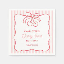 "Cherry First" Birthday Pink Stripe Bow Girly