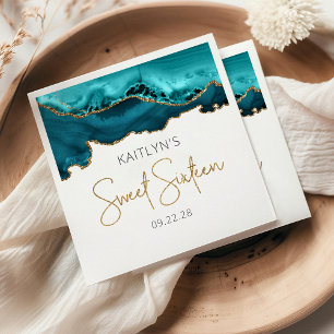 Guardanapo De Papel Chic Agate Blue Dourado Sweet 16 Aniversário