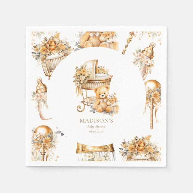 Guardanapo De Papel Chic Beige e Dourado Bassinet Personalizado (Frente)