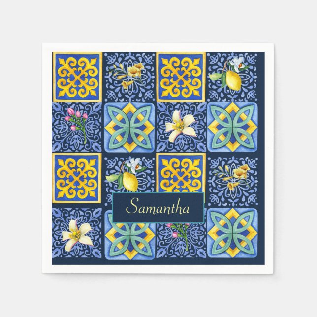 Guardanapo De Papel Chic Blue Teal Siciliano Citrino Mediterrâneo (Frente)