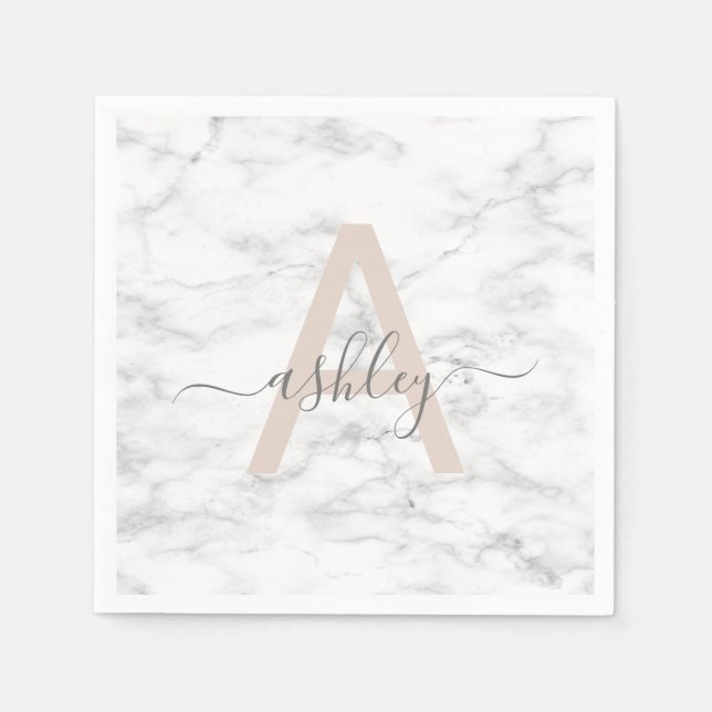 Guardanapo De Papel Chic Blush White Marble Script Name Monogramo (Frente)