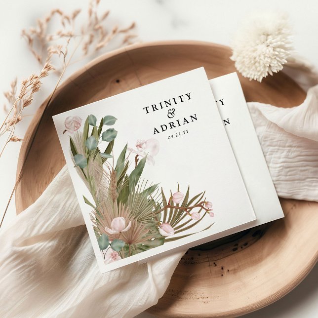 Guardanapo De Papel Chic Boho Orquídeas Rosa & Folhas Secas Casamento  (Criador carregado)