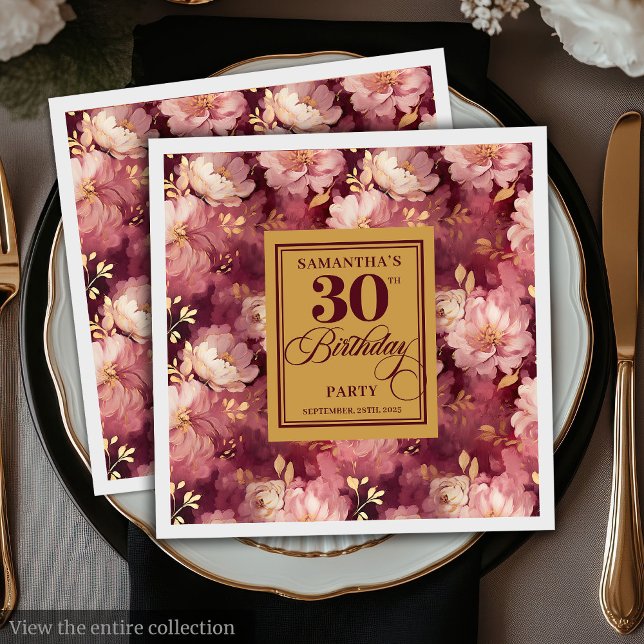 Guardanapo De Papel Chic Burgundy Blush Dourado Watercolor aniversário (Chic Burgundy Blush Gold Watercolor 30th Birthday Napkins)
