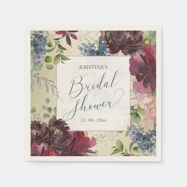 Guardanapo De Papel Chic Chá de Noiva Marsala Floral Aquarela Dourado (Frente)