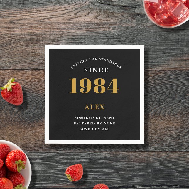 Guardanapo De Papel Chic Dourado Elegante Preto do Nome do aniversário (Premium 40th Birthday Black and Gold Personalized Paper Napkins - Celebration Elegance)