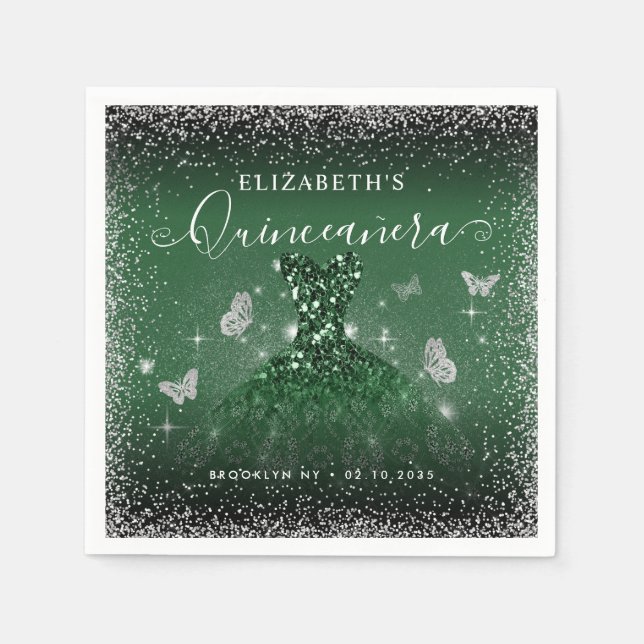 Guardanapo De Papel Chic Emerald Green Silver Glitter Glitter Quinceañ (Frente)