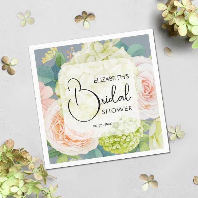 Guardanapo De Papel Chic Florais Aquarela Azul Poeira Chuva de Noiva (Bridal shower napkins 4.75" square)