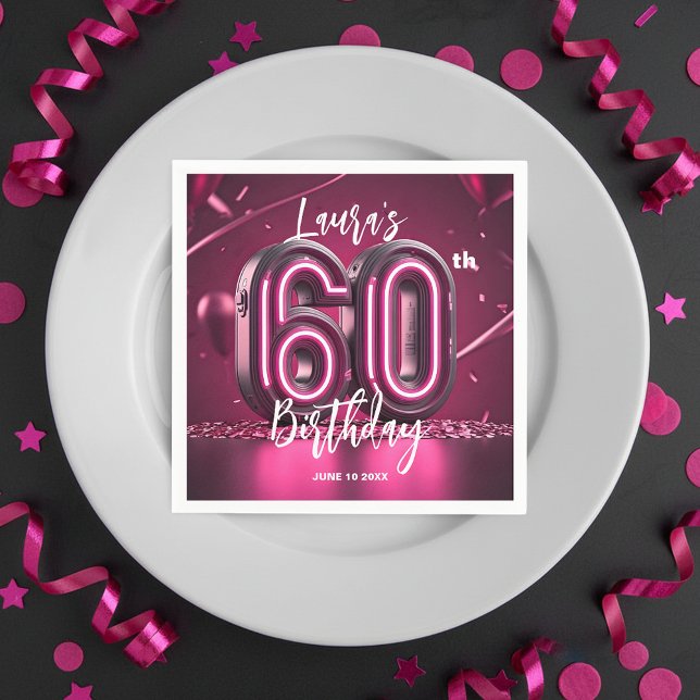 Guardanapo De Papel Chic Glam Vibrant Pink Neon Glow 60th Birthday (Criador carregado)