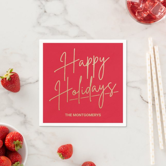 Guardanapo De Papel Chic Gold Script Happy Holidays Red (Insitu)