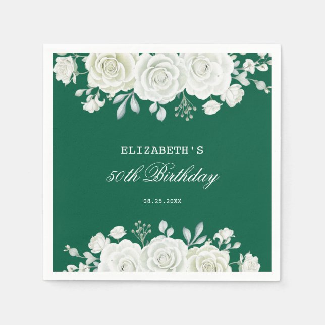 Guardanapo De Papel Chic Green Pastel White Rose Greenery Aniversário (Frente)