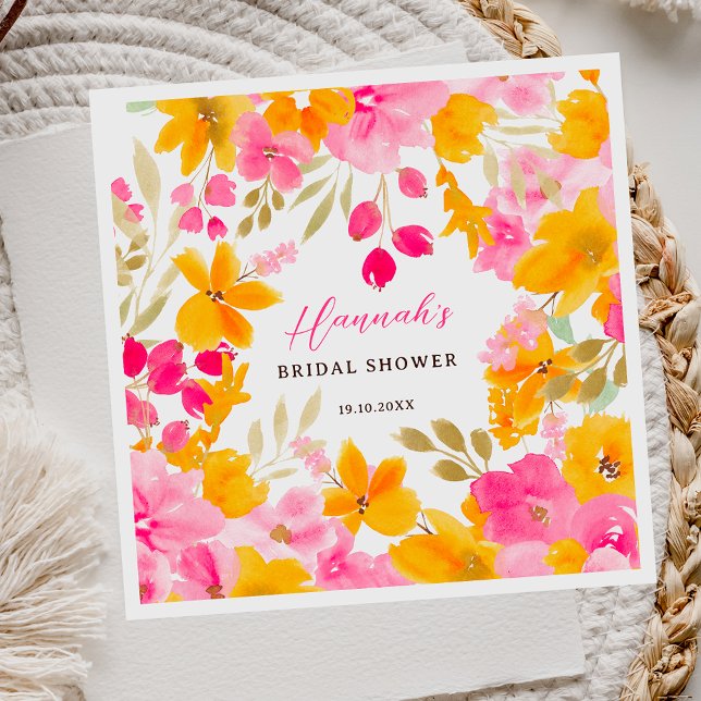 Guardanapo De Papel Chic lindo floral amarelo rosa água-marinha noiva (Chic pretty yellow pink floral watercolor bridal napkins)
