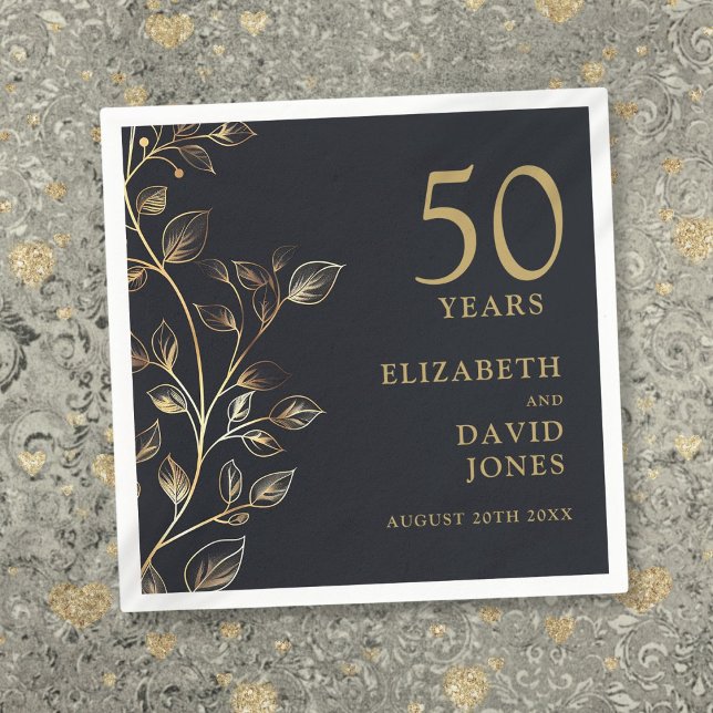 Guardanapo De Papel Chic Moderno Floral Dourado 50º Aniversário de Cas (Chic Modern Gold Floral 50th Wedding Anniversary Napkins)