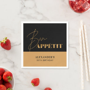 Guardanapo De Papel Chic Preto Dourado Bom Apetite Script Aniversário