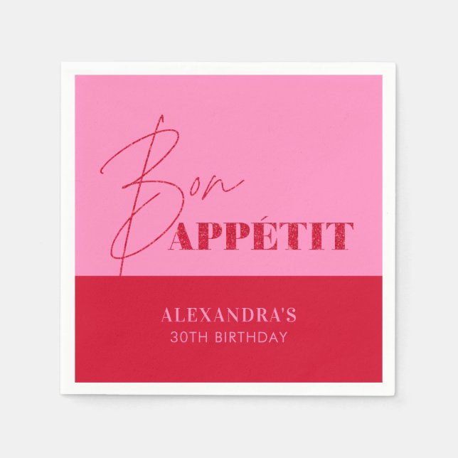 Guardanapo De Papel Chic Rosa Vermelho Bon Appétit Script Aniversário (Frente)