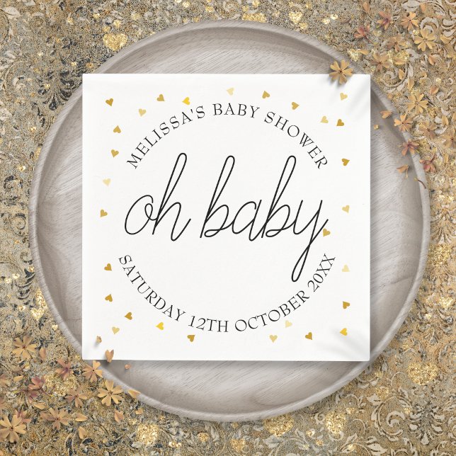 Guardanapo De Papel Chic Script Dourado Coração Chuvinha de Bebê (Oh Baby Chic Script Gold Heart Baby Shower Napkins)
