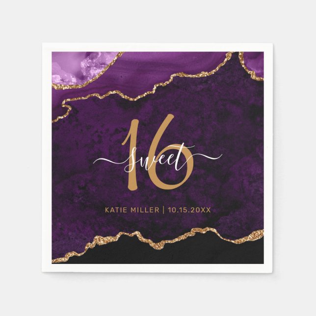 Guardanapo De Papel Chic Sweet 16 Purple Dourado Agate Partido Persona (Frente)