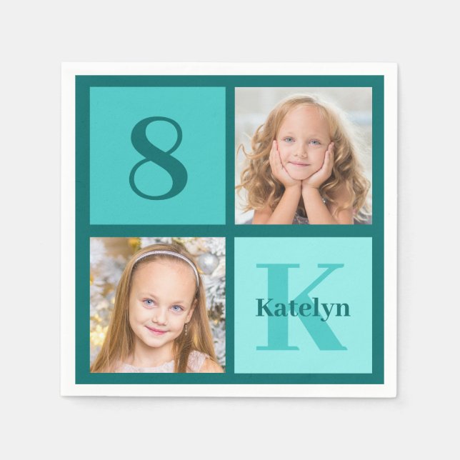 Guardanapo De Papel Chic Teal Birthday Party Custom Photo Collage (Frente)