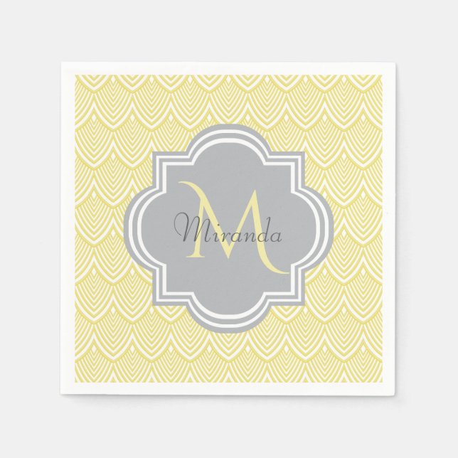 Guardanapo De Papel Chic Yellow Art Deco Scallops Cinza Monograma Nome (Frente)