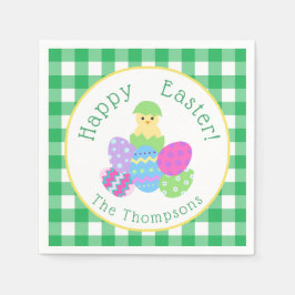 Guardanapo De Papel Chick Colored Eggs Green Check Happy Easter Round