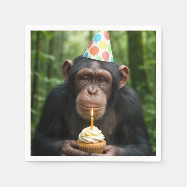 Guardanapo De Papel Chimpanzé segurando um Cupcake de aniversário (Frente)