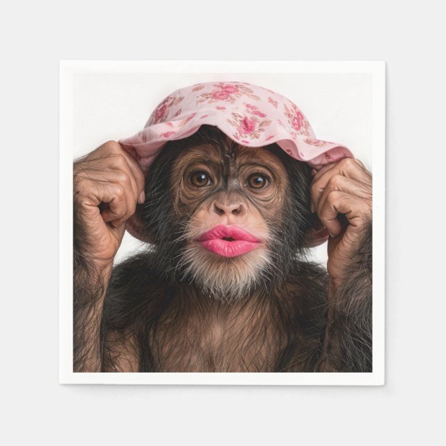 Guardanapo De Papel Chimpanzé Usando Batom Rosa (Frente)