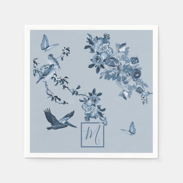 Guardanapo De Papel Chinoiserie Branca Azul Monograma Chic Floral (Frente)