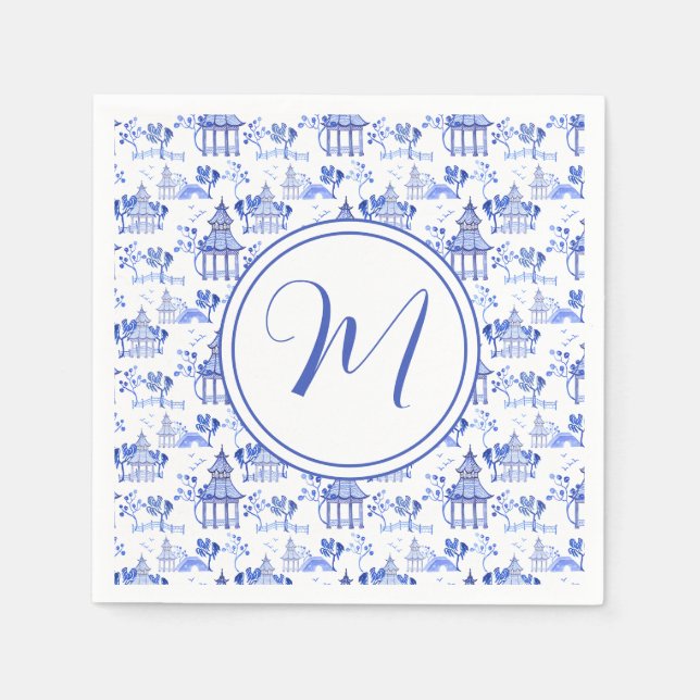 Guardanapo De Papel Chinoiserie Watercolor Pagoda Patterna Monograma (Frente)