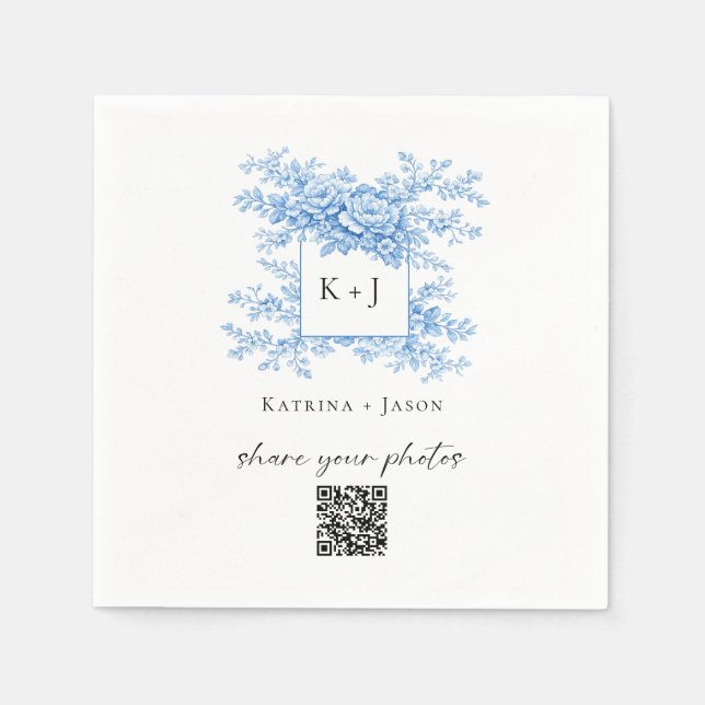 Guardanapo De Papel Chinoiserie Wedding Blue Floral QR Share Photos (Frente)