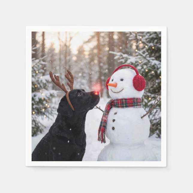 Guardanapo De Papel Christmas Black Labrador Retriever with Snowman (Frente)